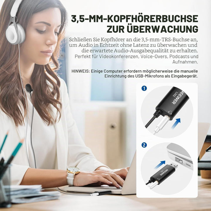 NEEWER USB Ansteckmikrofon Mini Lavalier Mikrofon mit omnidirektionaler Richtwirkung 3,5m Kabel für