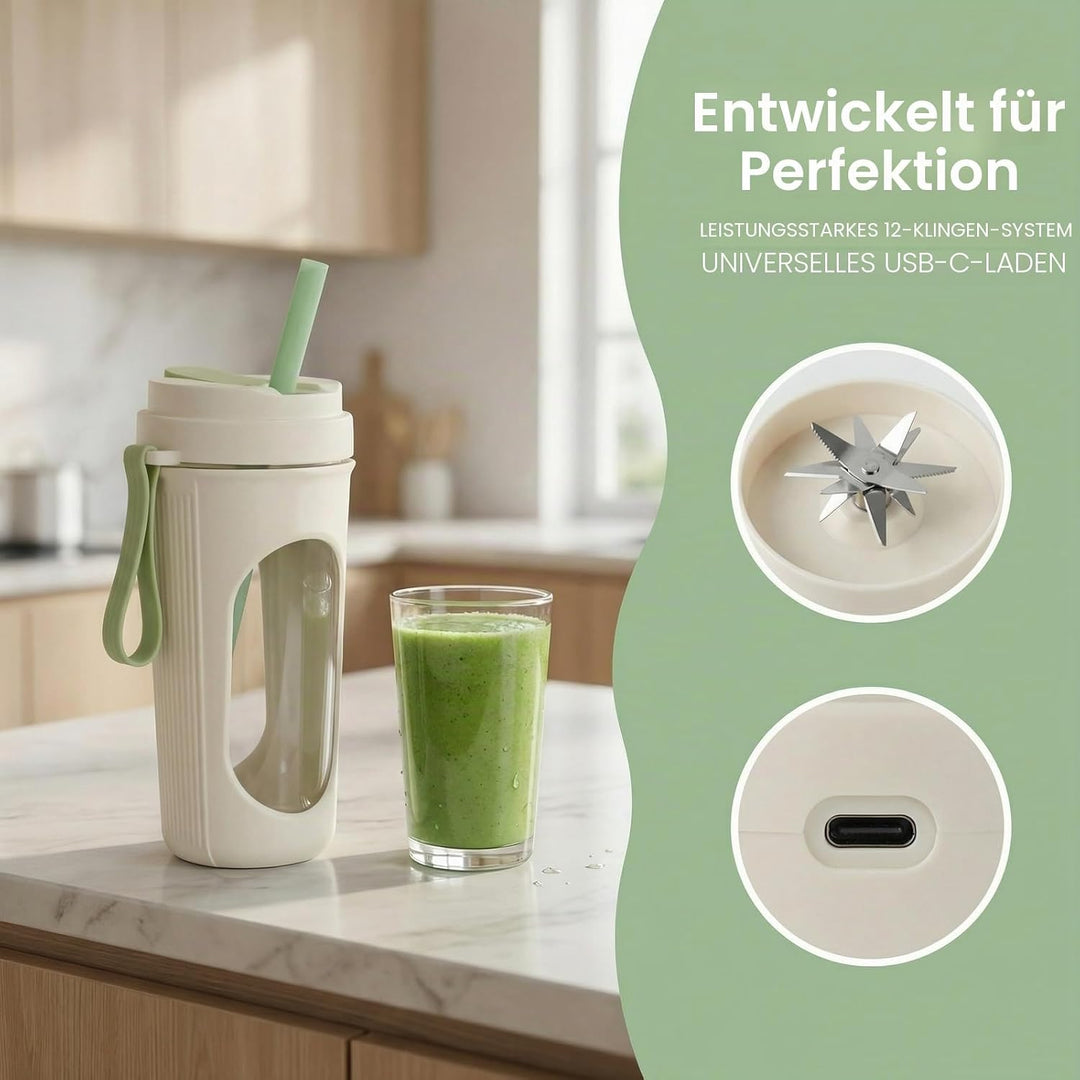 Tragbarer Mixer Smoothie Maker 450ml Mini-Mixer mit Strohhalm, 2 Auslaufsicherer Deckel, 12-Blatt-Ed