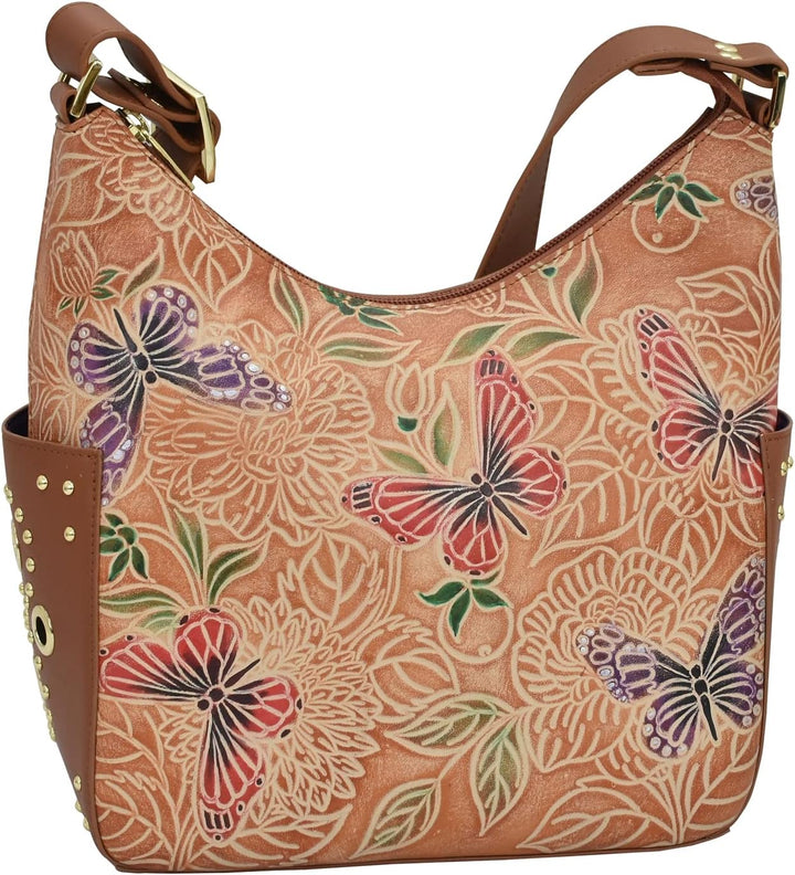 Anuschka Klassische Handbemalte Hobo Tasche aus echtem Leder mit beschlagenen Seitenfächern Tooled B