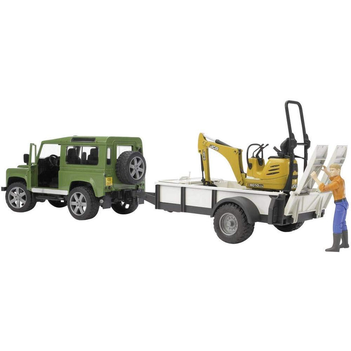 Bruder 2593 Land Rover Defender with One Axle Trailer, JCB Micro Excavator and Worker