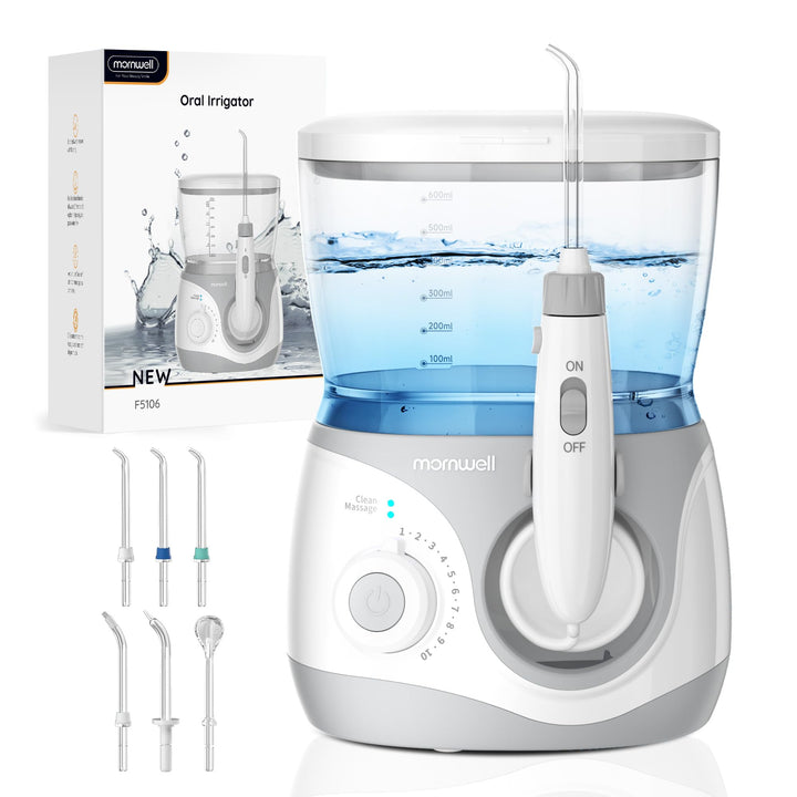 Mornwell Munddusche, Elektrische Professional Zähne mit 10 Druckstufen und 6 Düsen, 2 Modi & 600ml Z