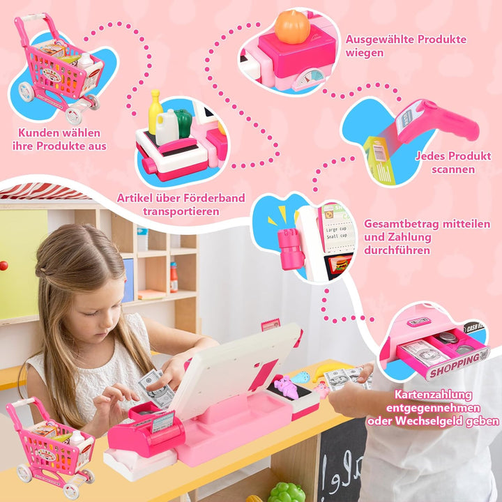 Herenear Kaufladenkasse für Kinder, Spielzeug Kasse mit Scanner und Sound - inkl. 52 Zubehör(Scanner