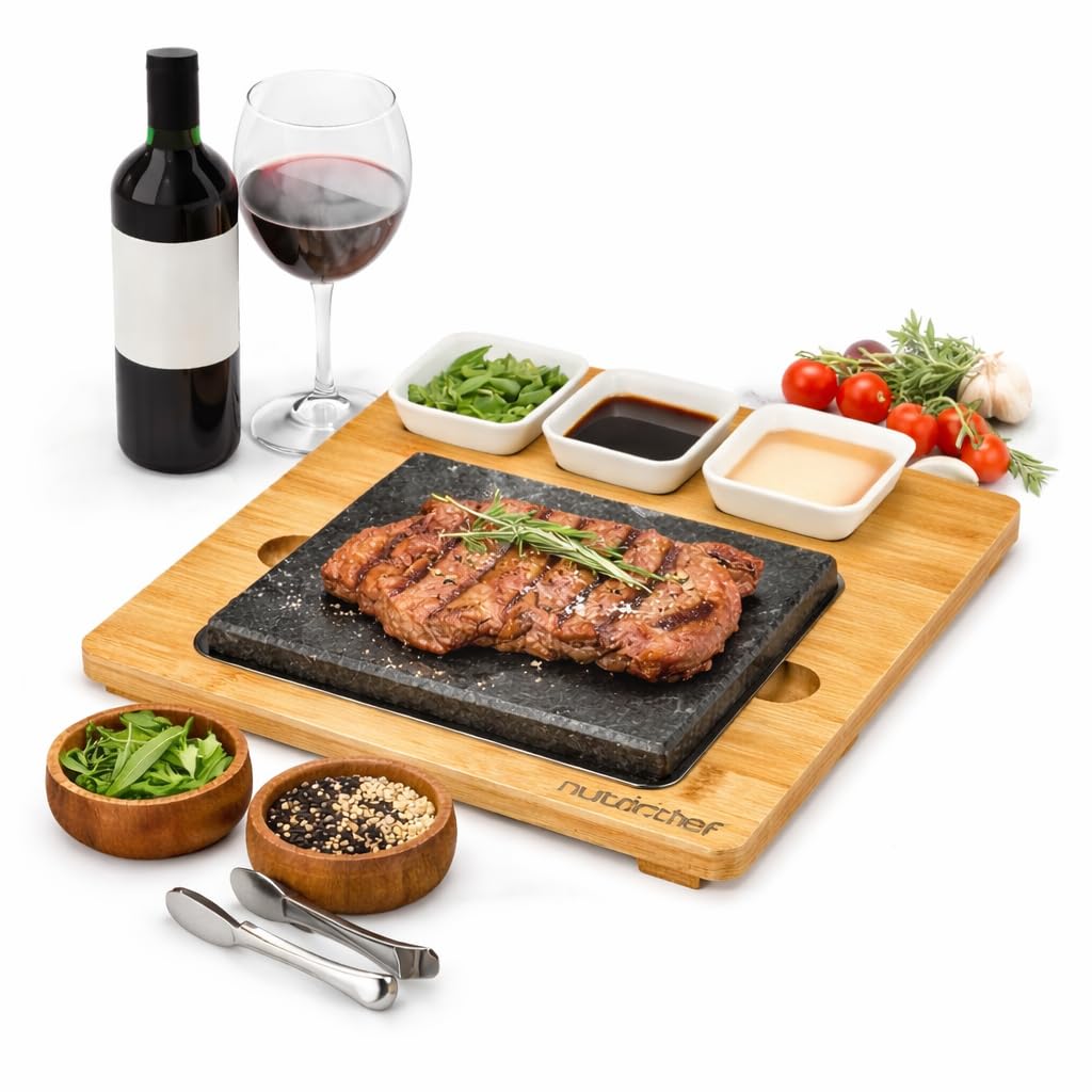 NutriChef Heisser Stein Grillplatte – Tischgrill-Set mit Bambus und Keramik Ideal für Steak und Dinn