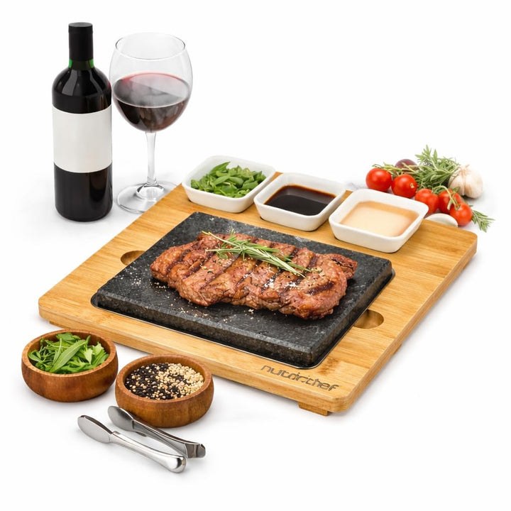 NutriChef Heisser Stein Grillplatte – Tischgrill-Set mit Bambus und Keramik Ideal für Steak und Dinn