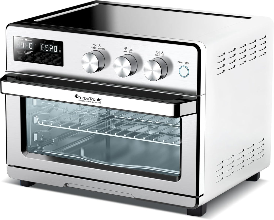 TurboTronic digitaler Heissluftofen - XXL 32 Liter mit Drehspiess für Hähnchen 5 in1 Mini Backofen,
