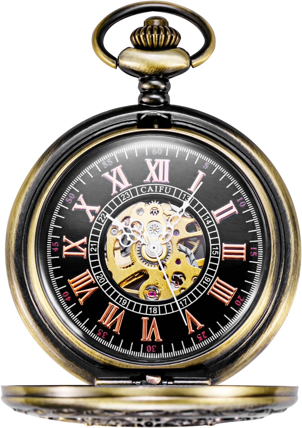 TREEWETO Herren Antik Bronze/Schwarz Steampunk Kupfergehäuse Skelett Mechanische Taschenuhr für Männ