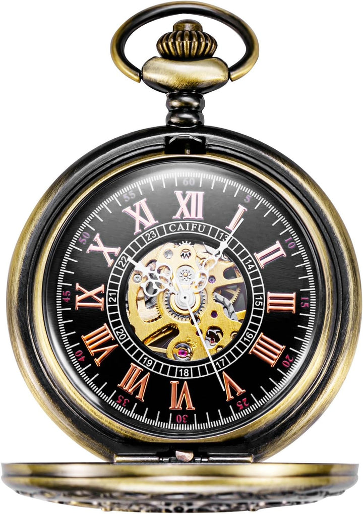 TREEWETO Herren Antik Bronze/Schwarz Steampunk Kupfergehäuse Skelett Mechanische Taschenuhr für Männ