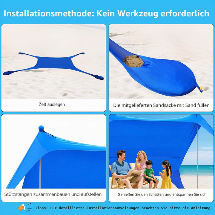 Strandzelt 2x2.1 m Pop-Up LSF 50 Sonnenschutz, Anti-Wind Strandmuschel mit Eisen Stabilitätsstangen