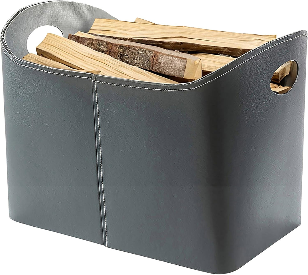 Kobolo Holzkorb für Kaminholz Aufbewahrungskorb - Kunstleder - grau - 49x31x29/35 cm, Grau