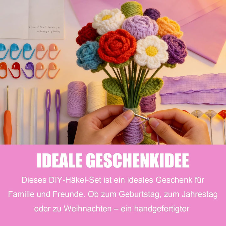 Hoypeyfiy DIY Häkel Geschenkset, Komplettes Set mit Nadel, Garn & Anleitung für Rosen, Ideales Kreat