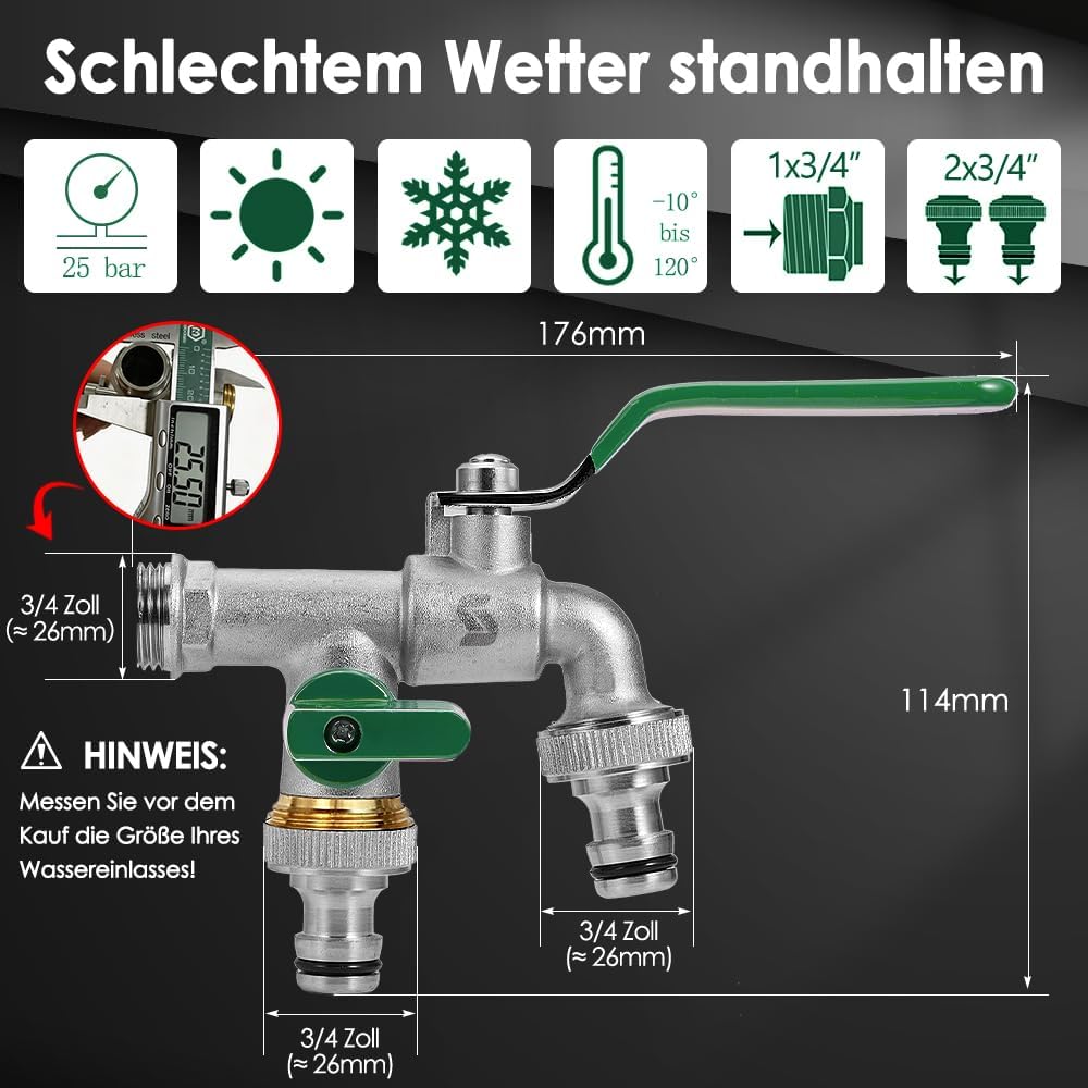 SPGOOD Garten Wasserhahn,Doppel Auslaufhahn 3/4 Zoll,aus Messing Rost-und Frostsicher,mit 2X 3/4 Zol