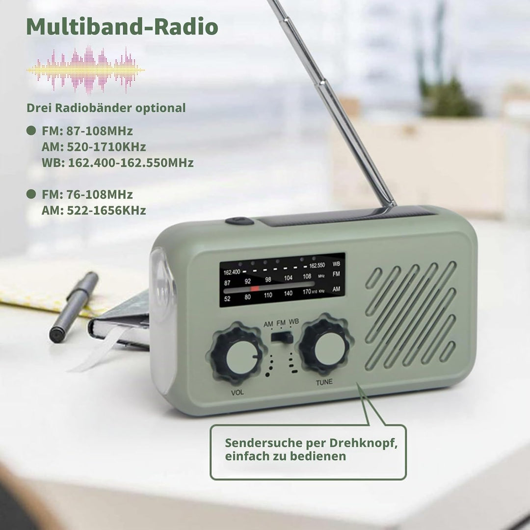 Notfall-Radio, Solar-Handkurbel-Radio AM FM USB wiederaufladbare Power Bank Notfall-Wetter-Radios fü