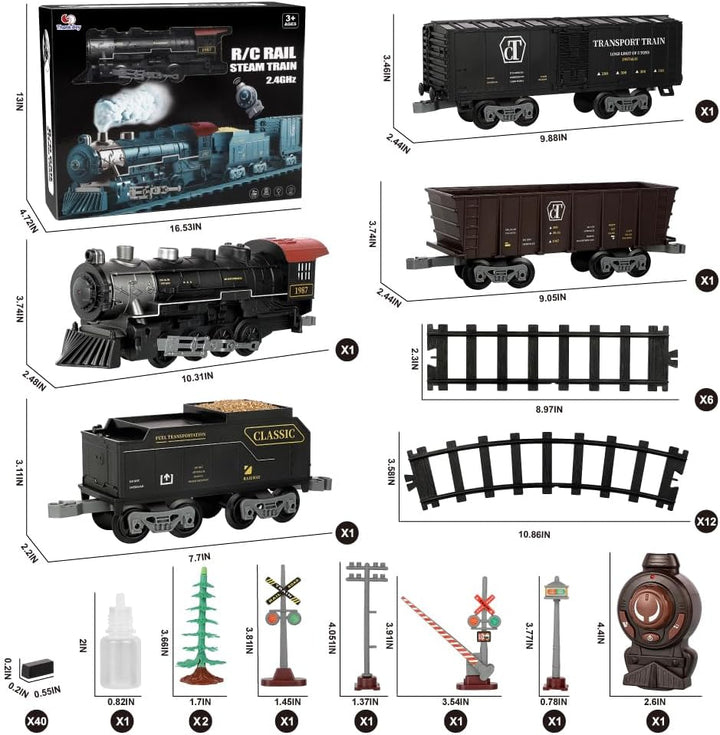 Elektrisches Zugset für Jungen - Ferngesteuerte Züge mit Dampf, Geräuschen und Lichtern, Waggons und