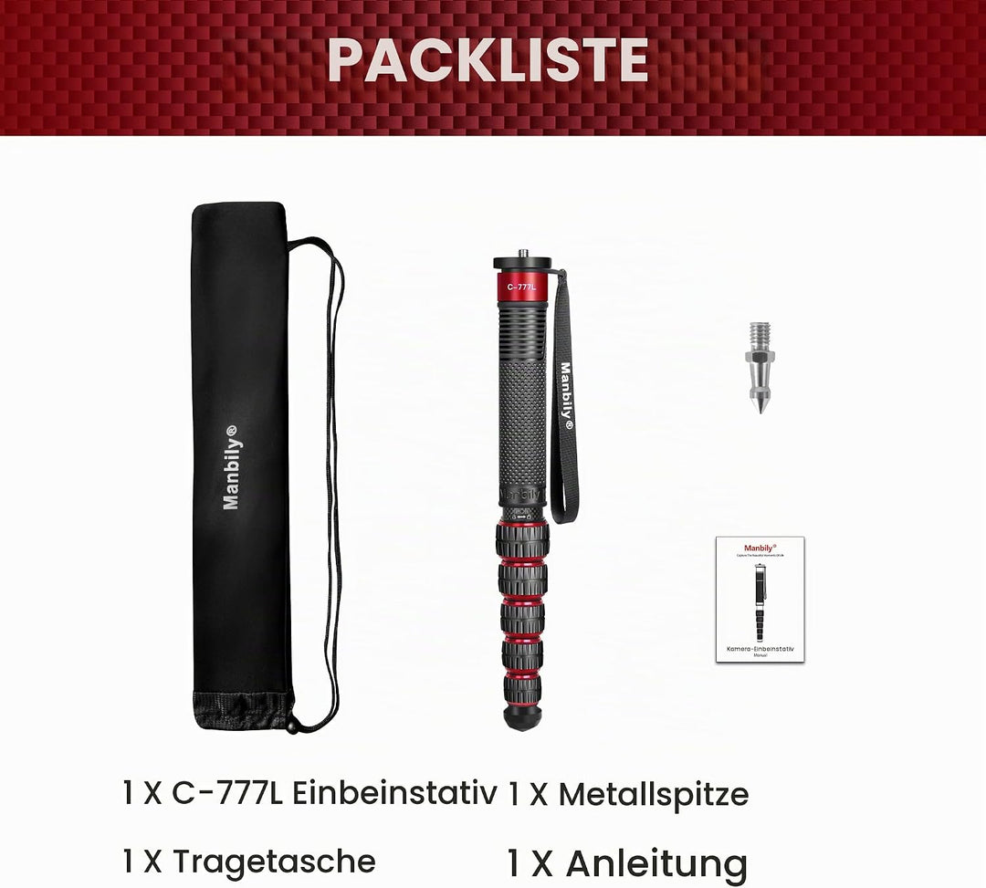 Manbily C-777L Kohlefaser Kamera Einbeinstativ 44cm-174cm 36mm grosses Rohr Spazierstock Carbon Mono