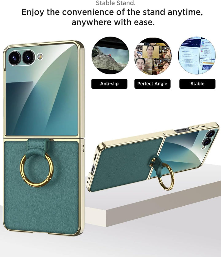Miimall Lederhülle Kompatibel mit Samsung Galaxy Z Flip 7 Hülle mit Band+Ring Ständer [HD Displaysch