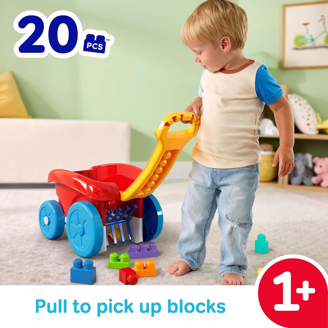 MEGA BLOKS Spielbausteine für Kleinkinder, Baustein-Ziehwagen mit 20 Teilen und integriertem Staufac