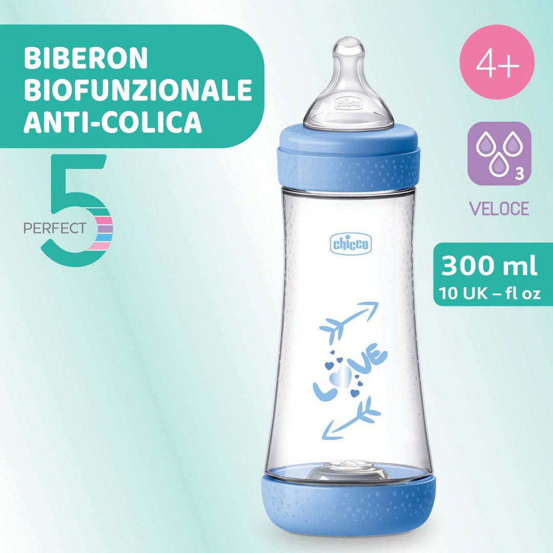 Chicco PERFECT 5 Anticolic Flasche 300 ml, Fast Flow Flasche 4 Monate + mit weichem Silikonsauger, B