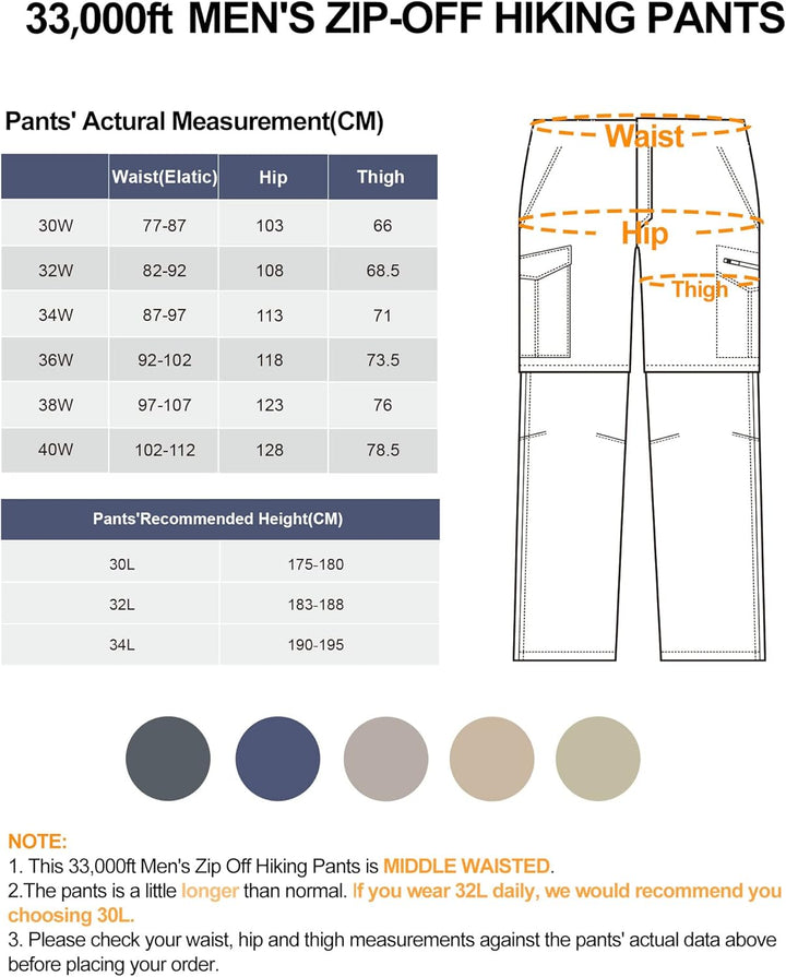 33,000ft Wanderhose Herren Mittele Tailliert Zip Off Trekkinghose mit 6 Taschen, Atmungsaktiv Abnehm