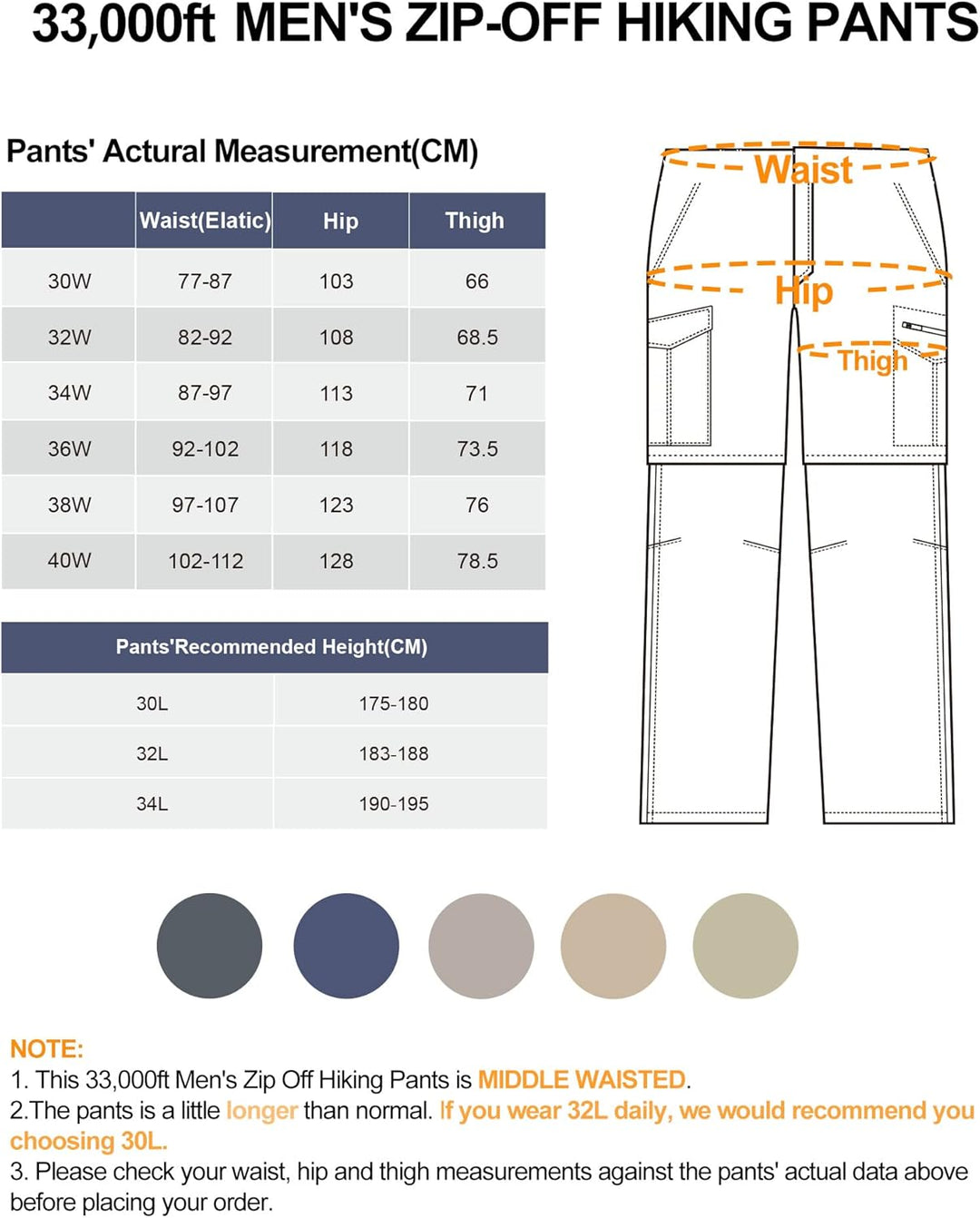 33,000ft Wanderhose Herren Mittele Tailliert Zip Off Trekkinghose mit 6 Taschen, Atmungsaktiv Abnehm