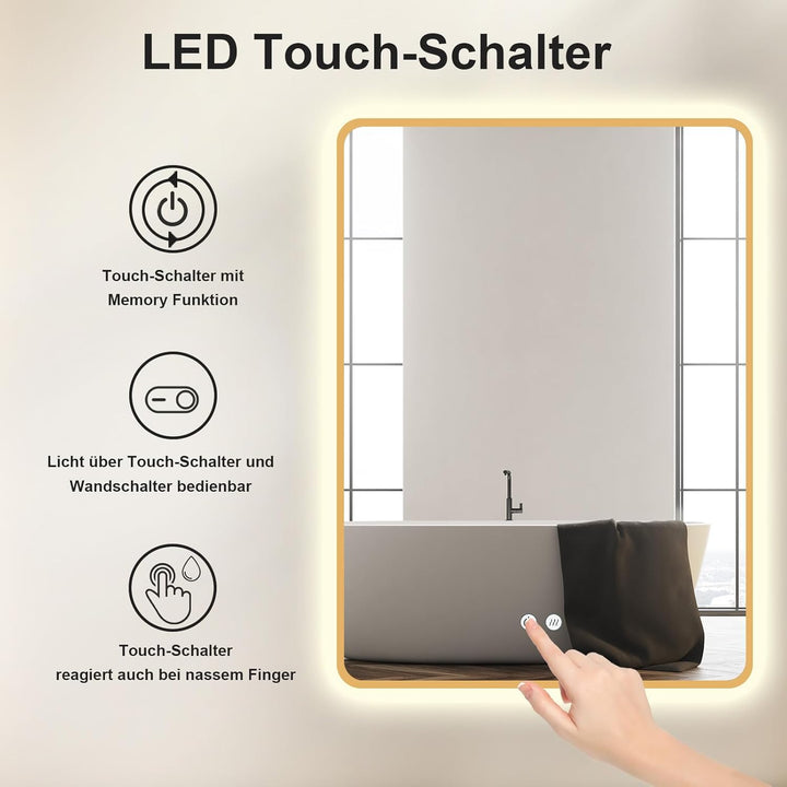 Badspiegel Led Beleuchtung Rechteck 70x100/100x70cm, Wandspiegel mit Antibeschlag und mit Touch Scha