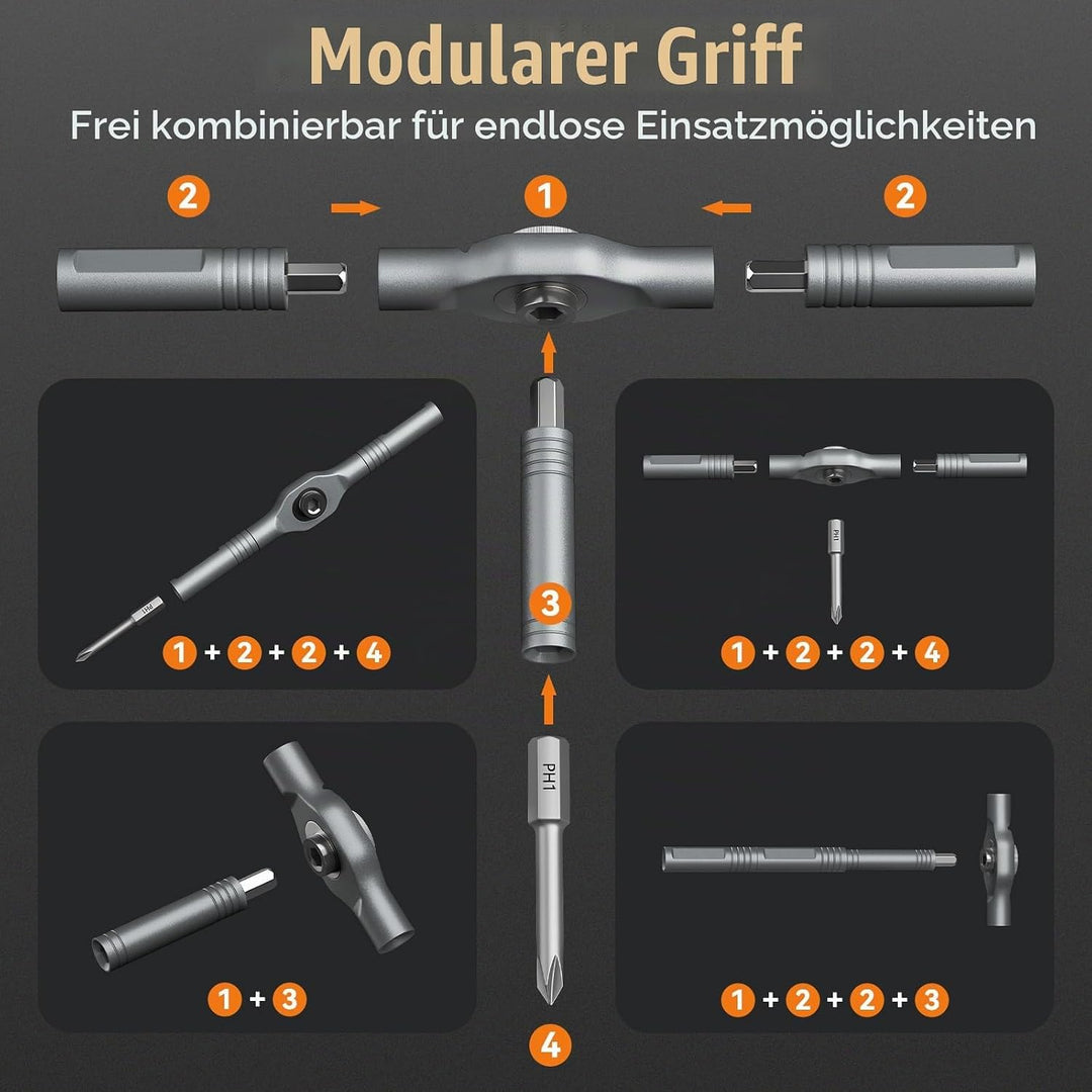 43 in 1 Ratschenschraubendreher Set mit abnehmbarem Griff, 6.2° Ratschenkopf, Multi S2 Stahl Bit Fre