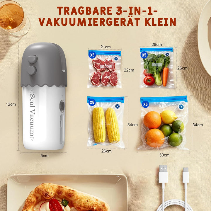 3 in 1 Handliche Vakuumiergerät, Folienschweissgerät mit 20 Wiederverwendbare Vakuumbeutel, Bag Seal