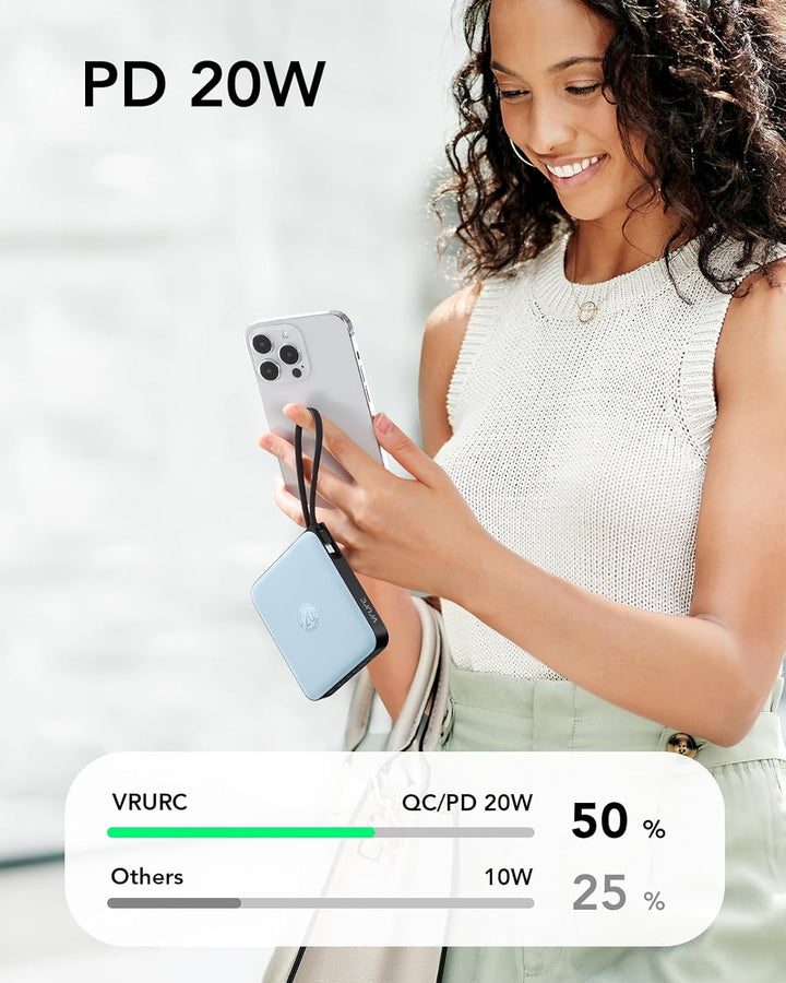 VRURC Power Bank 20000mAh mit Kabel Klein USB C Powerbank Schnelles Aufladen Mini Tragbares Ladegerä
