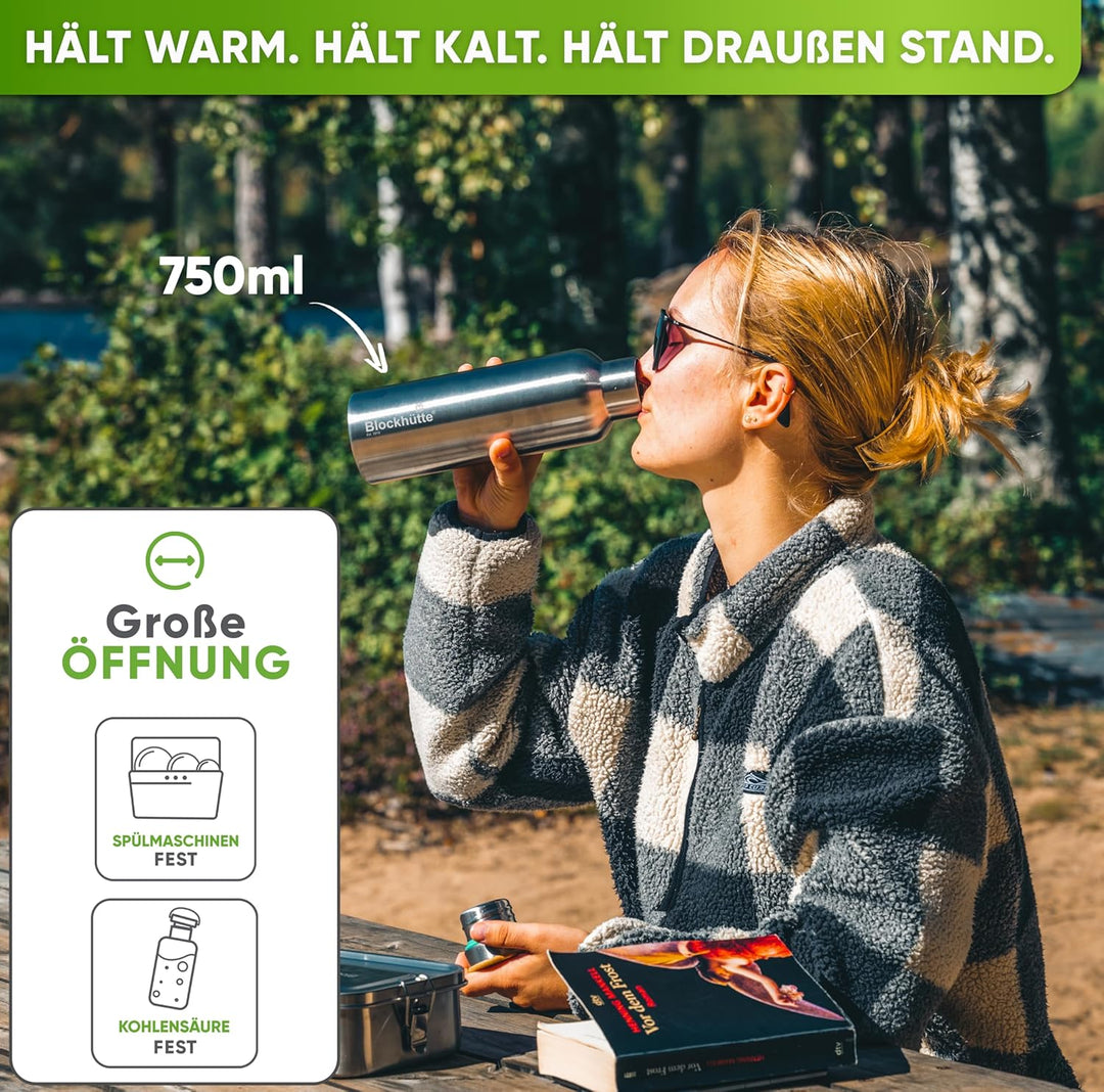 Blockhütte Premium Edelstahl Trinkflasche isoliert I 750ml I mit Naturborsten Bürste I Isolierflasch