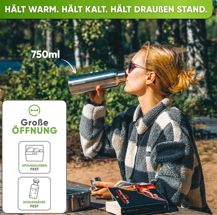 Blockhütte Premium Edelstahl Trinkflasche isoliert I 750ml I mit Naturborsten Bürste I Isolierflasch