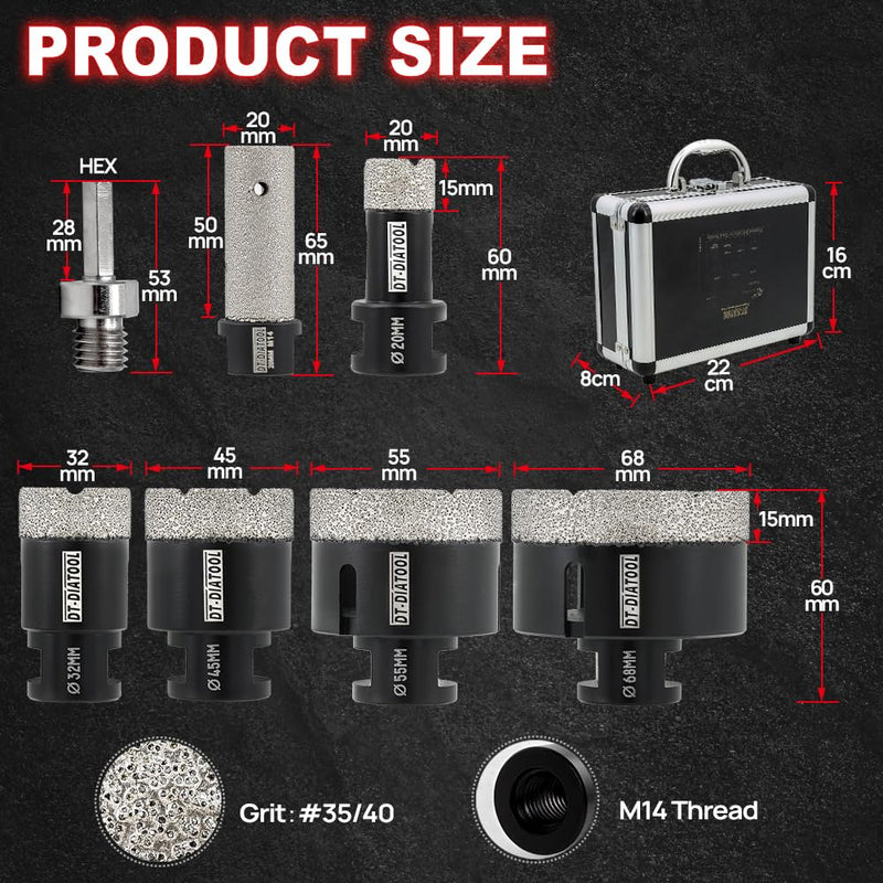 DT-DIATOOL Diamantbohrer-Set 20/32/45/55/68mm mit 20mm Fingerbohrer und Sechskantadapter für Fliesen