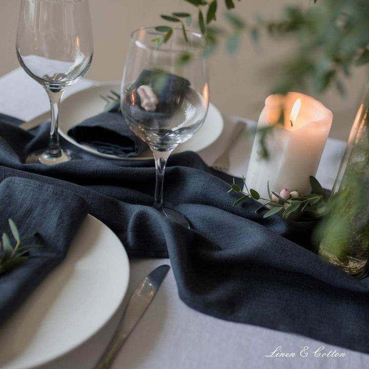 Linen &amp; Cotton Tischläufer Stoff Tischband Tischdeko Hygge 100% Leinen, Schwarz (40 x 300 cm) Lang L