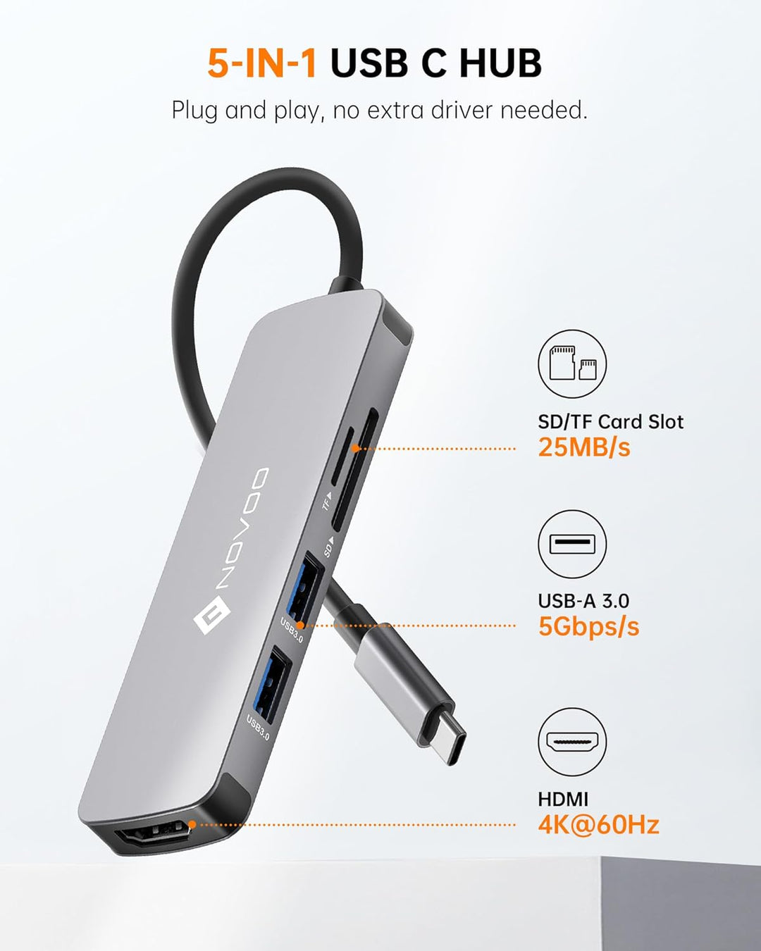 NOVOO USB C Hub (5 in 1) Aluminium mit HDMI 4K Adapter, USB 3.0 Anschlüsse, 1 SD und 1 microSD Karte