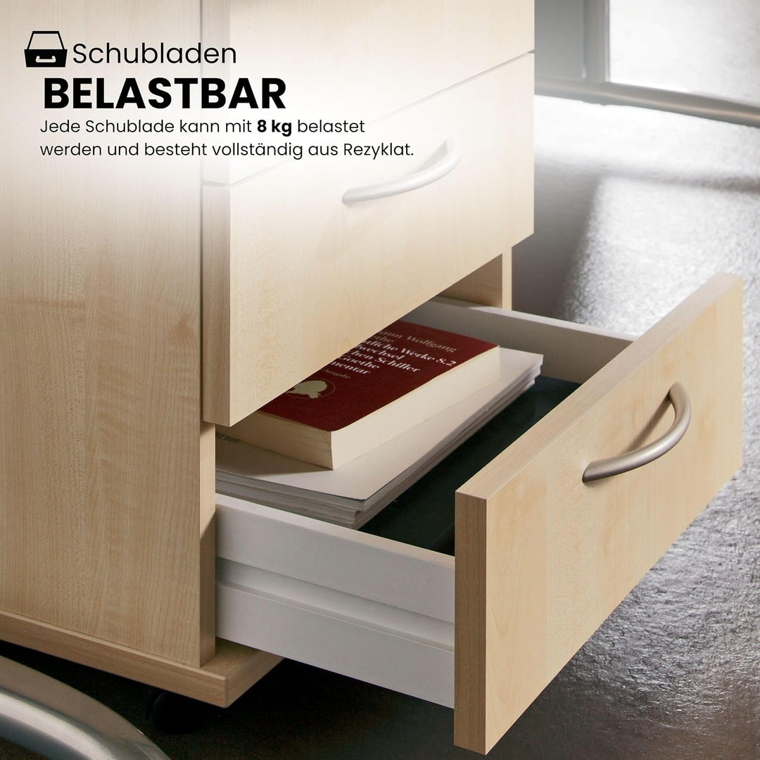 bümö Basic Rollcontainer mit Schubladen, Container aus Holz in weiss - Rollwagen für&