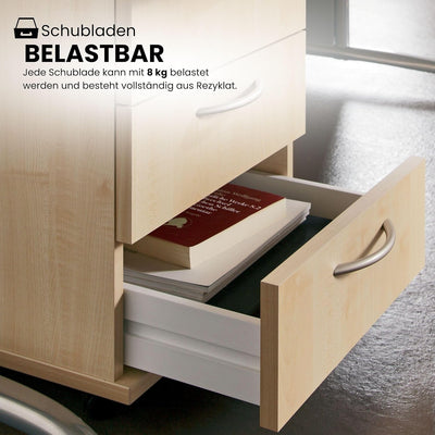 bümö Basic Rollcontainer mit Schubladen, Container aus Holz in Asteiche - Rollwagen für's Büro als S