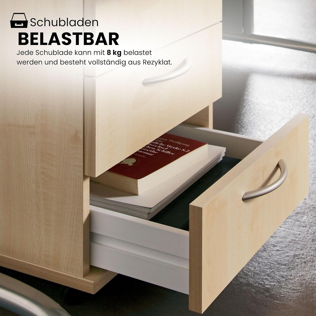 Bümö® Rollcontainer in Ahorn mit 3 Schüben und Schreibwaren Schublade | Bürocontainer aus Holz | Tis
