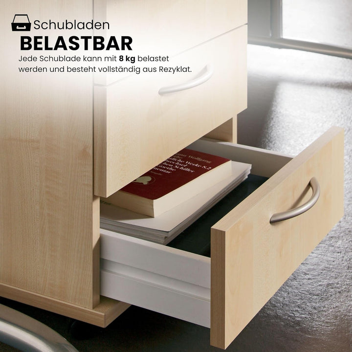 Bümö® Rollcontainer in Ahorn mit 3 Schüben und Schreibwaren Schublade | Bürocontainer aus Holz | Tis