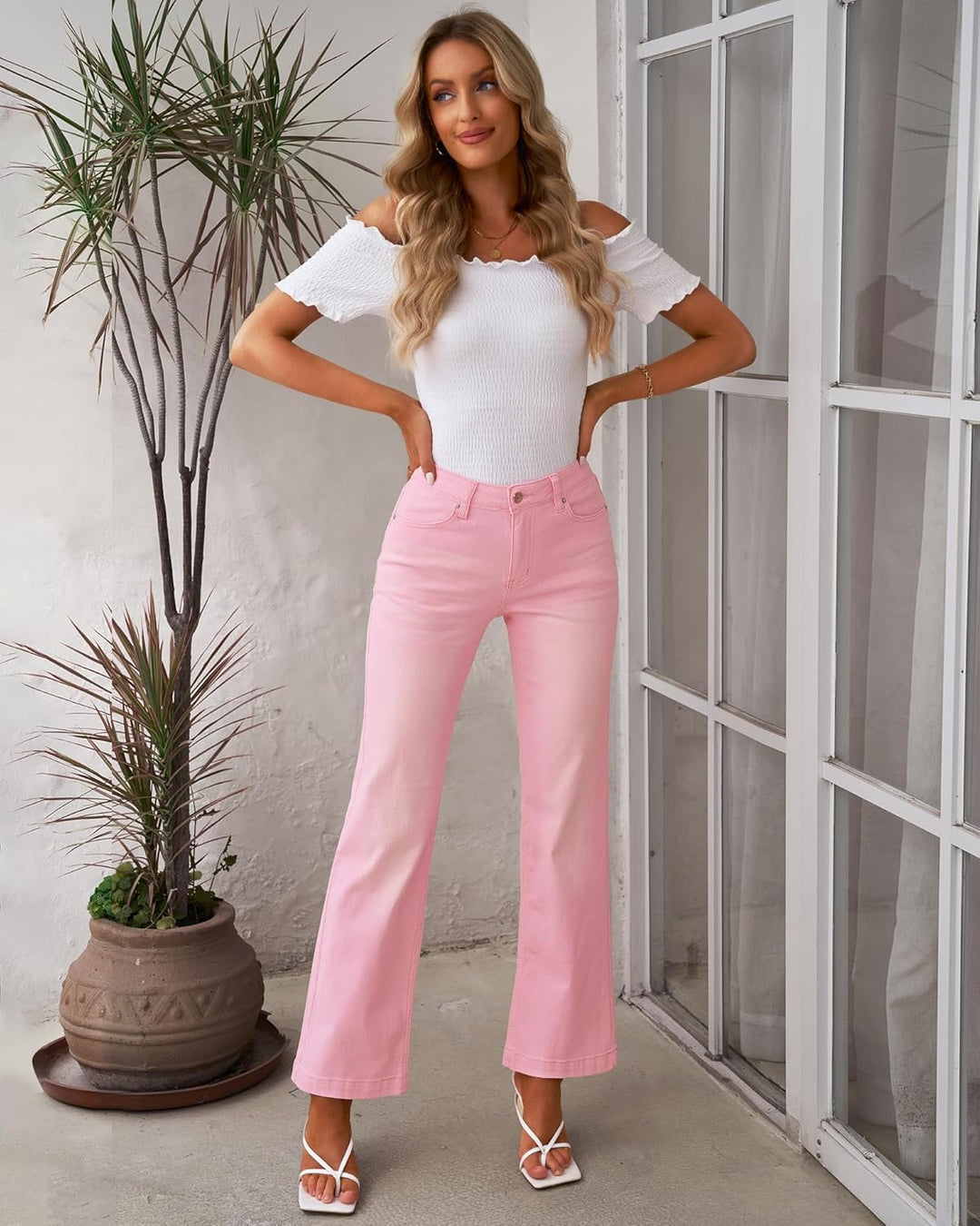 Roskiky Schlaghose Damen Jeans Wide Leg Baggy Jeans Damen High Waist Stretch Hosen Damen Jeans L Ros