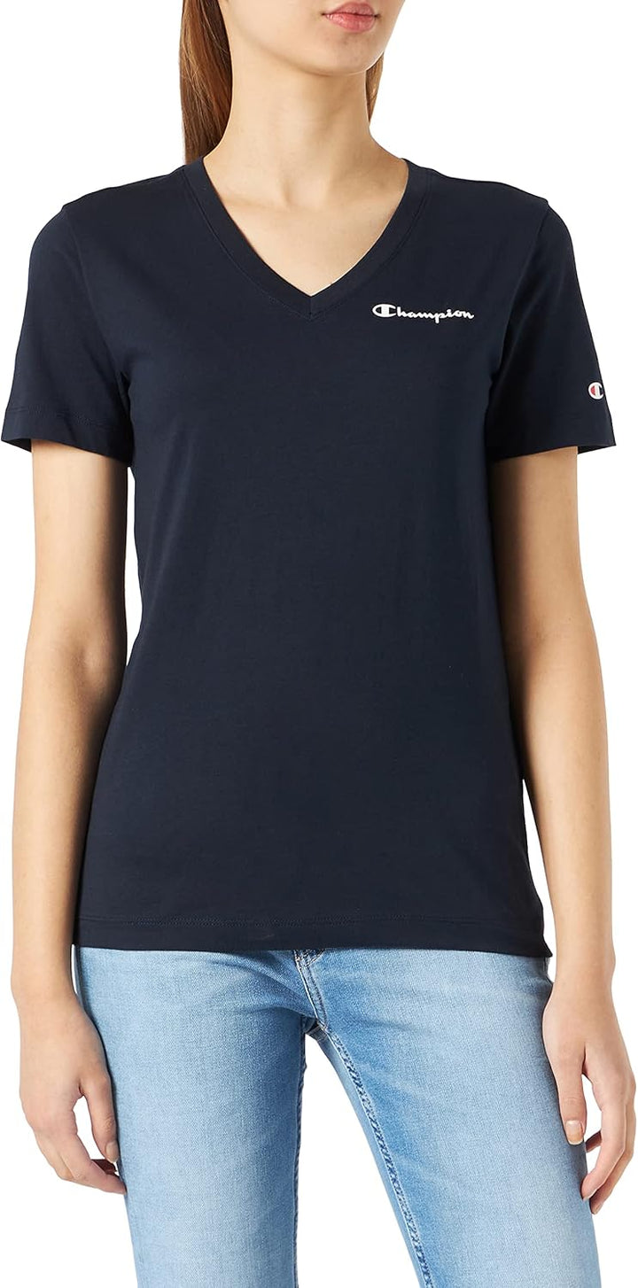Champion Damen American Classics-Small Logo S/S V-Neck T-Shirt L Blau (Marine), L Blau (Marine)