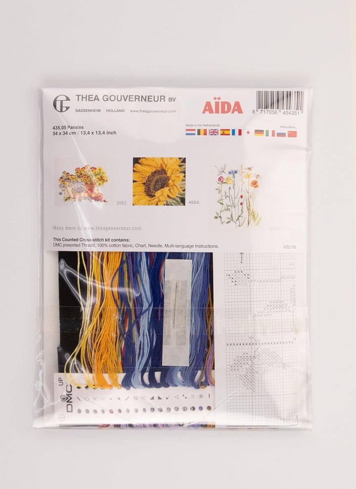Thea Gouverneur Stiefmütterchen Aida Schwarz Kreuzstich Set, Kreuzstich Set Vorgedruckt, 18 count, 3