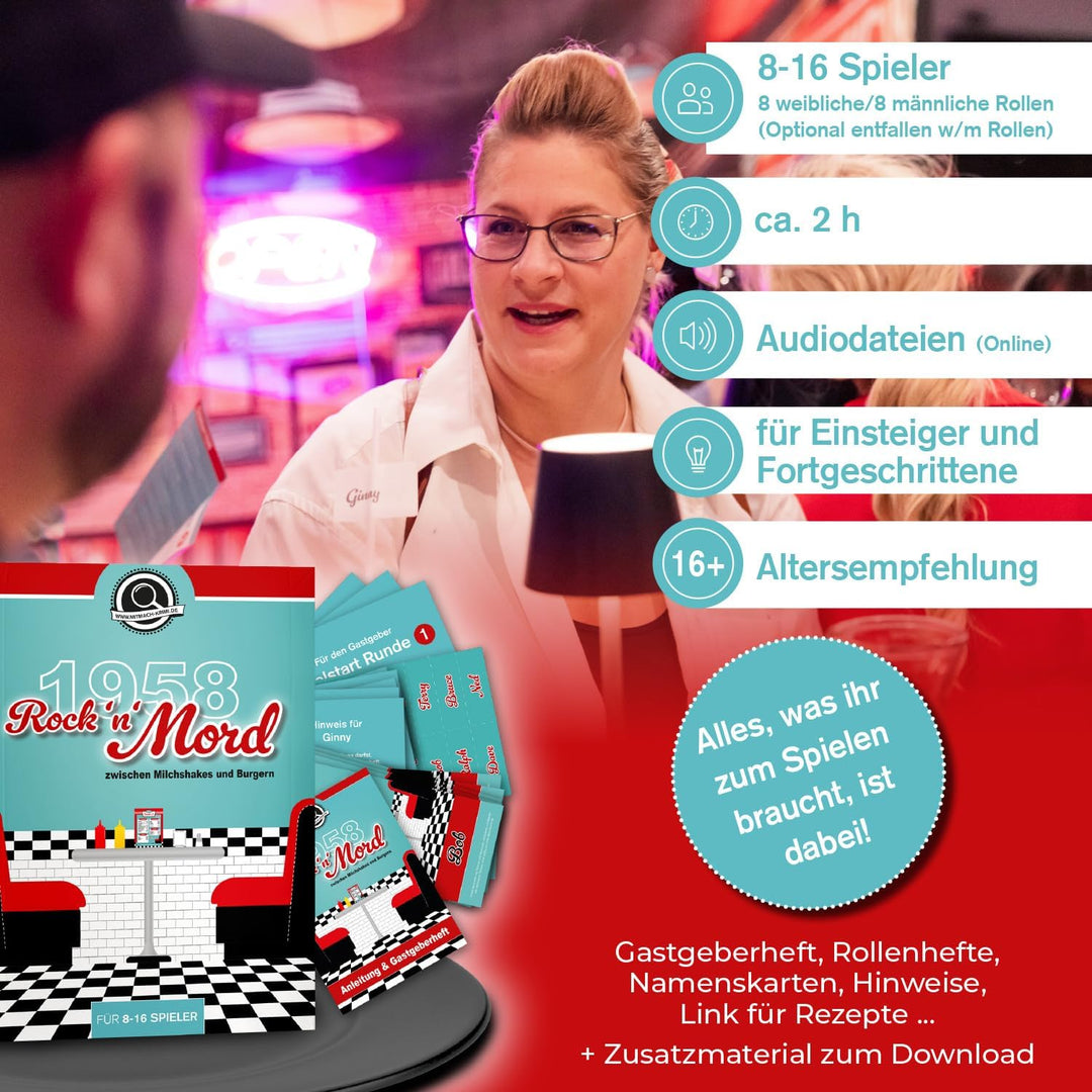 1958 Rock’n’Mord – Krimidinner Partyspiel für 8–16 Personen | Rock’n’Roll 50iger Jahre American Dine