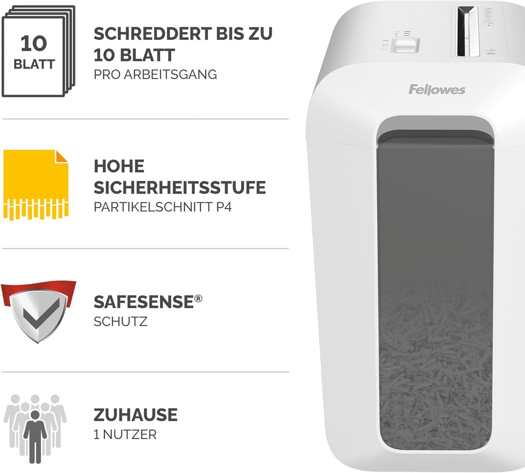 Fellowes Aktenvernichter 10 Blatt (P4), Papierschredder mit Partikelschnitt für Zuhause, Büro, Power