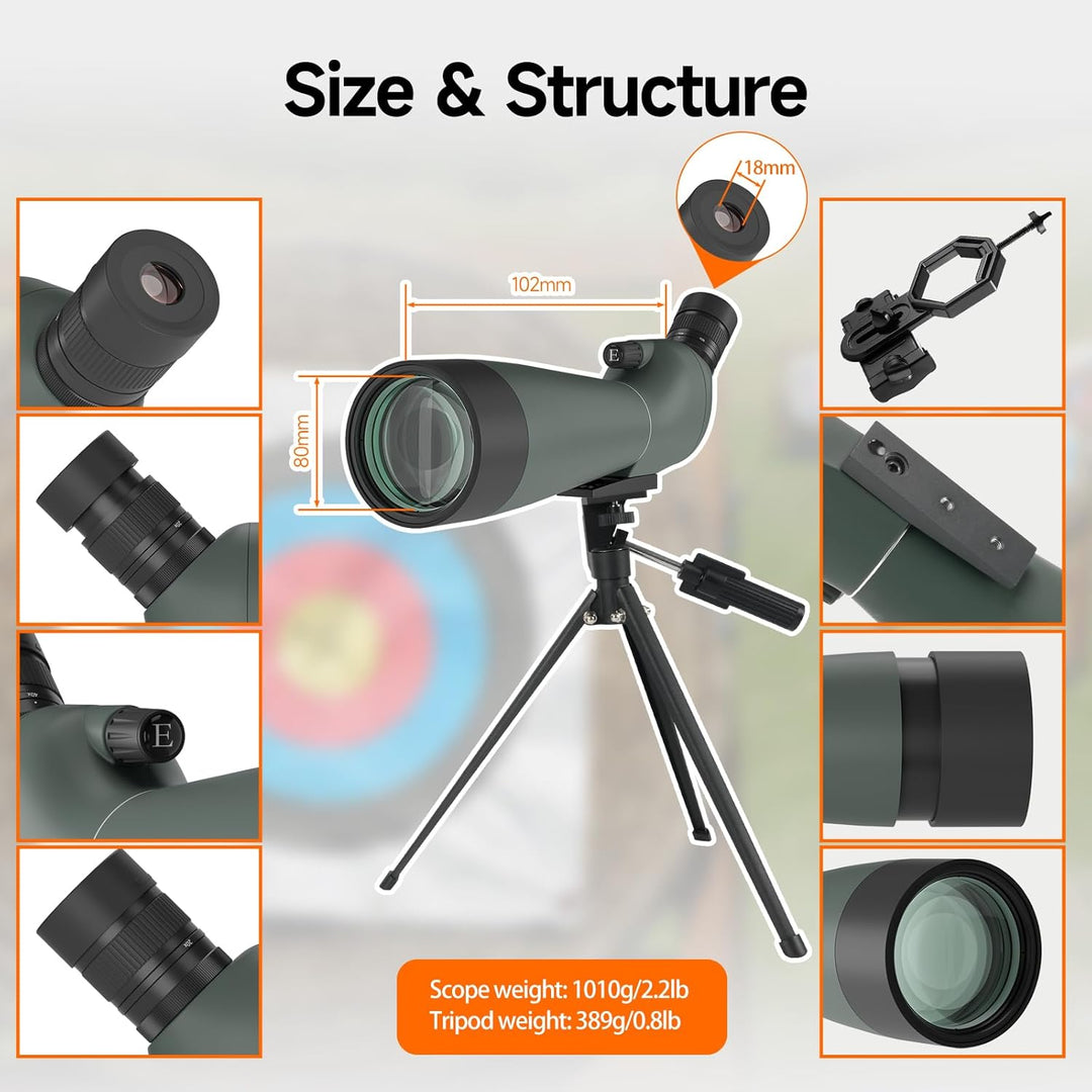 Svbony SV28 Spektiv mit Stativ 20-60x80, Spektiv Vogelbeobachtung Handy Adapter, BAK4 Prisma P65 Was
