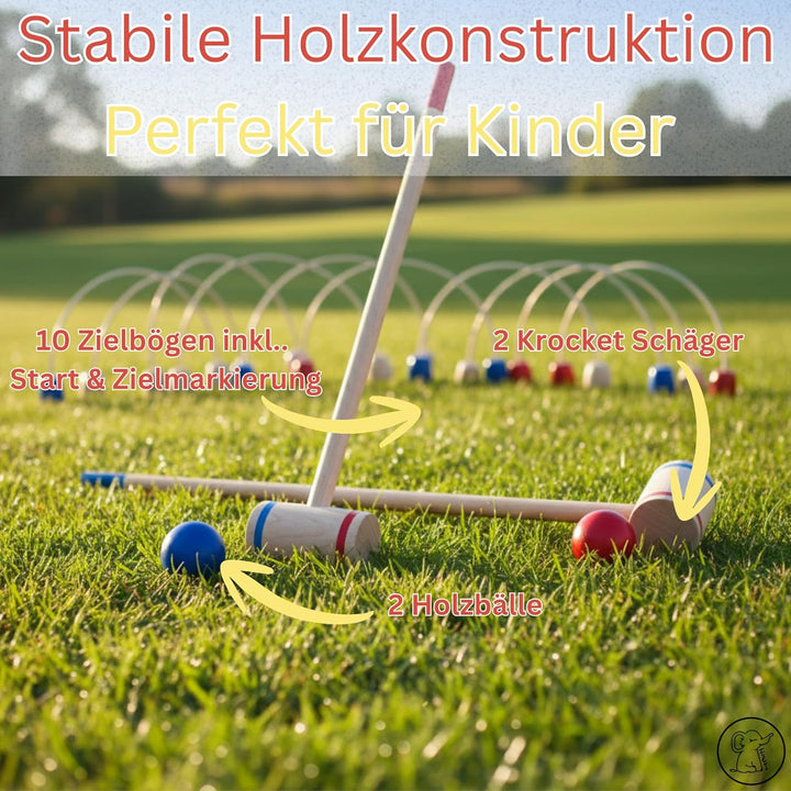 Eli® Krocket Spiel für Kinder inkl Schläger - Ziele und Bälle aus Holz - Crocket Set für Indoor und