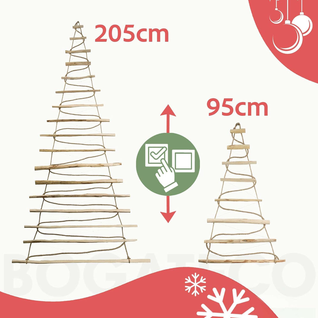 BOGATECO Handgemacht Weihnachtsbaum 95 cm hoch, aus Haselnussholz | Deko Anhänger | mit 200 cm LED-L