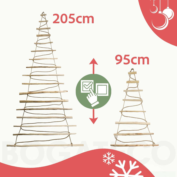 BOGATECO Handgemacht Weihnachtsbaum 95 cm hoch, aus Haselnussholz | Deko Anhänger | mit 200 cm LED-L