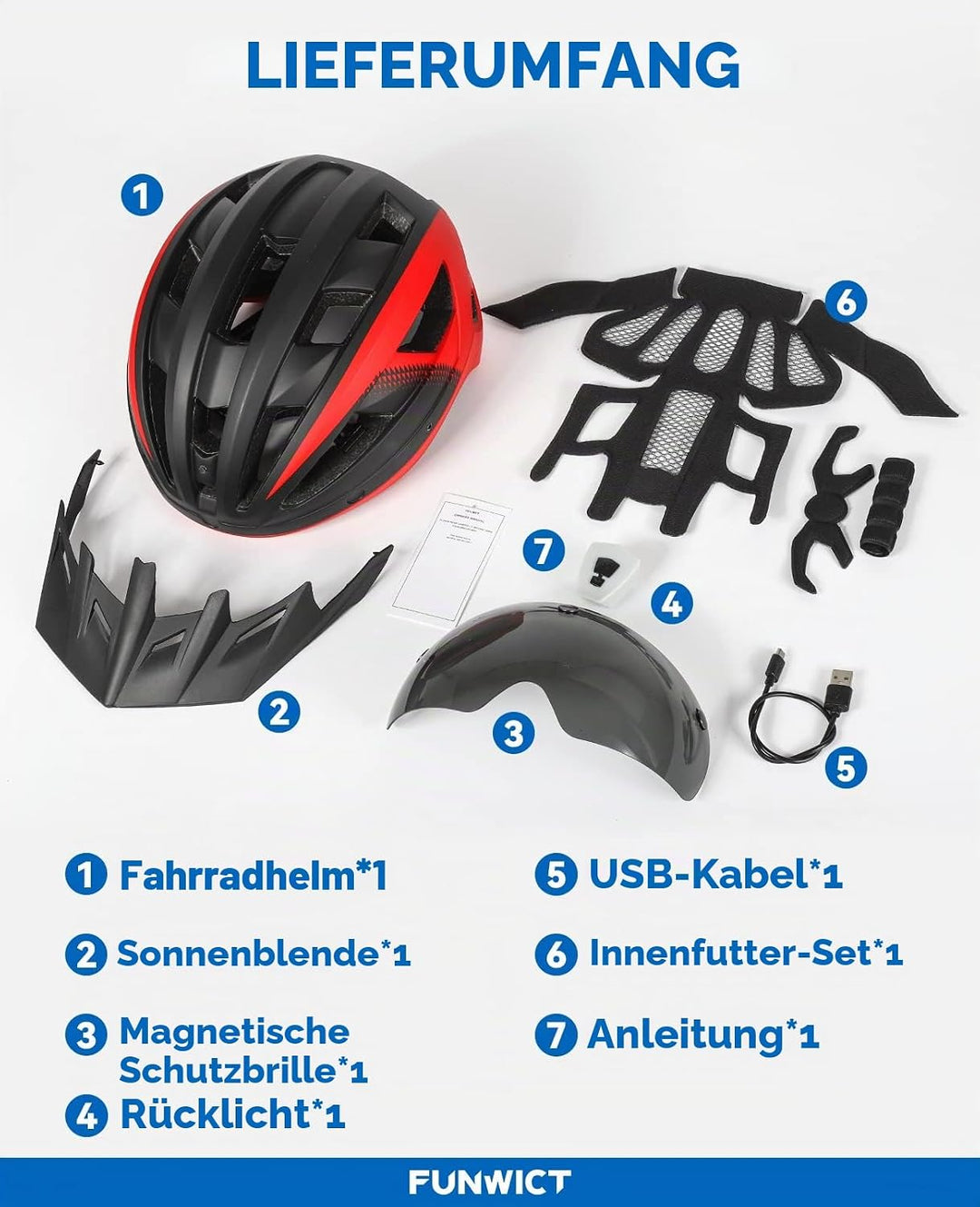 Fahrradhelm mit Visier für Herren Damen, Leichte Fahrradhelm mit Magnetischem Brille und USB-Aufladu