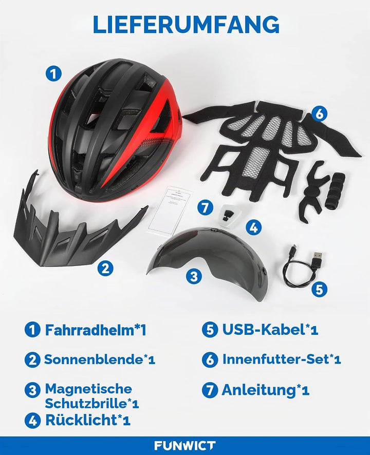 Fahrradhelm mit Visier für Herren Damen, Leichte Fahrradhelm mit Magnetischem Brille und USB-Aufladu