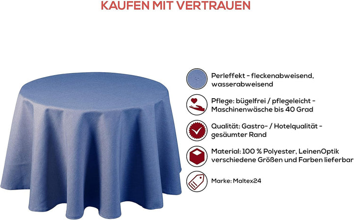 Textil Tischdecke - Leinen Optik - wasserabweisend Rund (Blau, 160 cm) Blau 160 cm, Blau 160 cm
