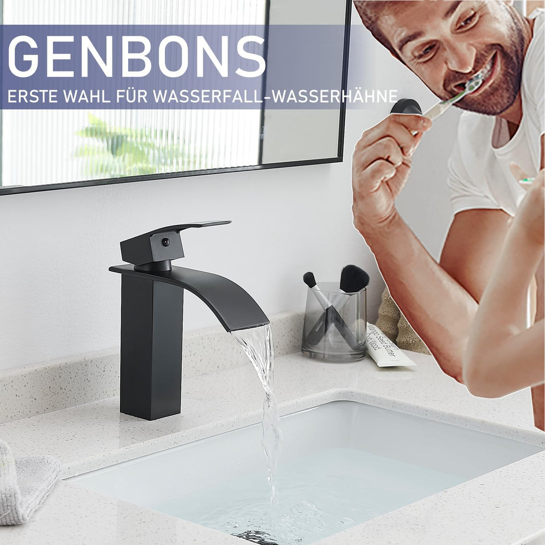 GENBONS Wasserhahn Bad Schwarz, Wasserfall Waschtischarmatur für Badezimmer, Mischbatterie Waschbeck