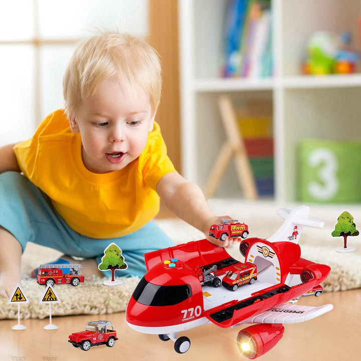 Jenilily Feuerwehr Flugzeug Spielzeug Auto mit Verkehrsschilder  Kleinkind Transporter Spielzeugauto